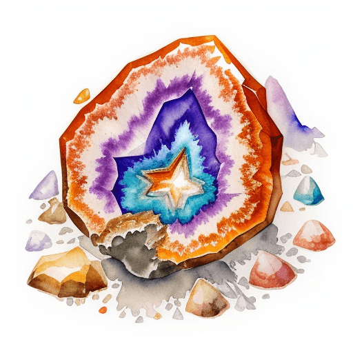 AI generated: watercolor drawing of a geode with bright orange crystals and a sparkle edge, in the center of the g...