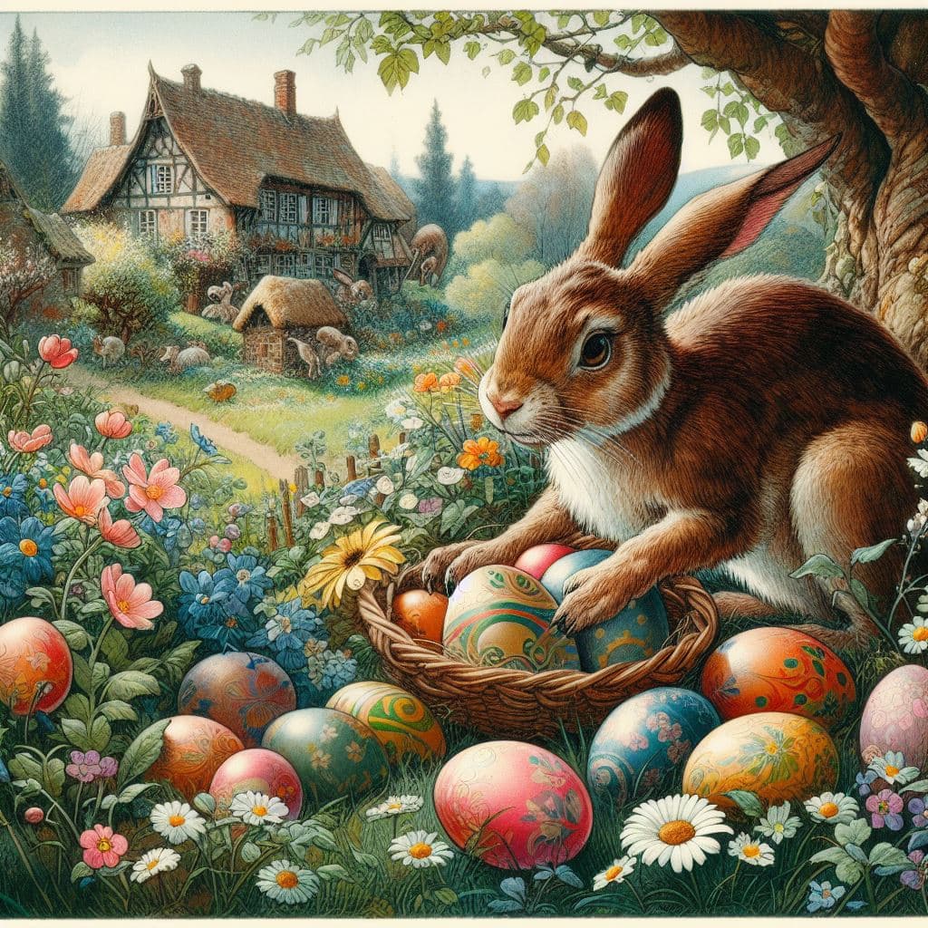 AI generated: Easter hare placing easter eggs in a springtime garden, classic german drawing in the style of Fritz...