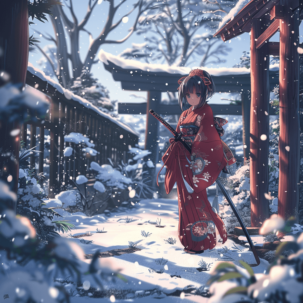 AI generated: A girl dressed in a red kimano, with a sword, stands in the snow, against the backdrop of a winter g...