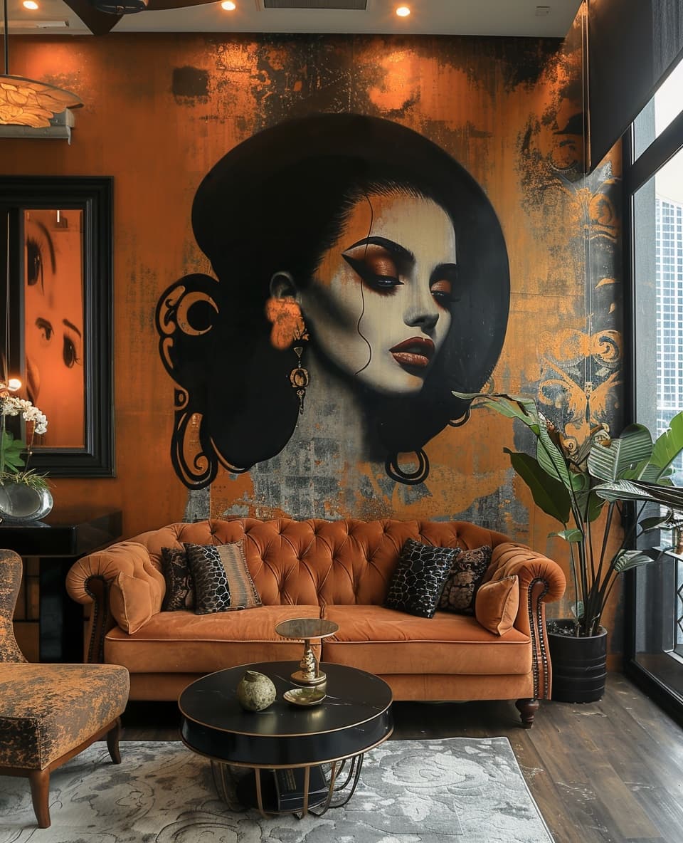 AI generated: a living room with a painting with make up of Catrina that looks very elegant, in the style of Art N...