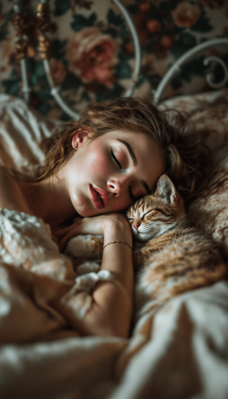 AI generated: a closeup photo of a bohemian woman with rosy skin and a cat, they are cuddled up and sleeping in a ...