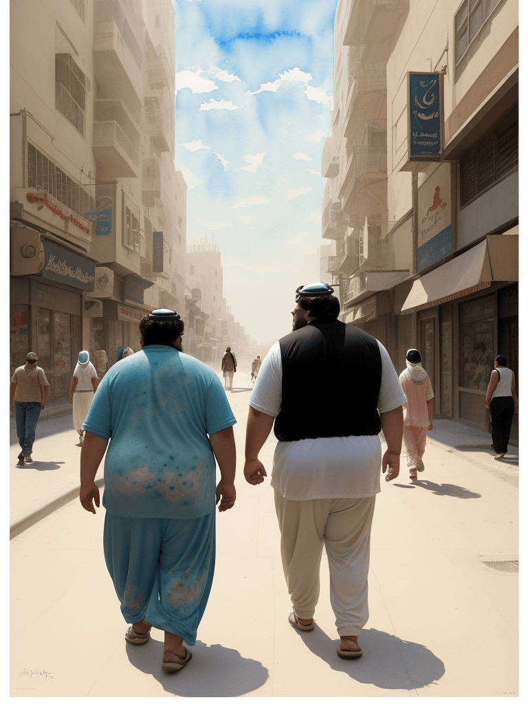 AI generated: a fat Arab with his wife, son of 4 years and two daughters of 1 year and 7 years walk down the stree...