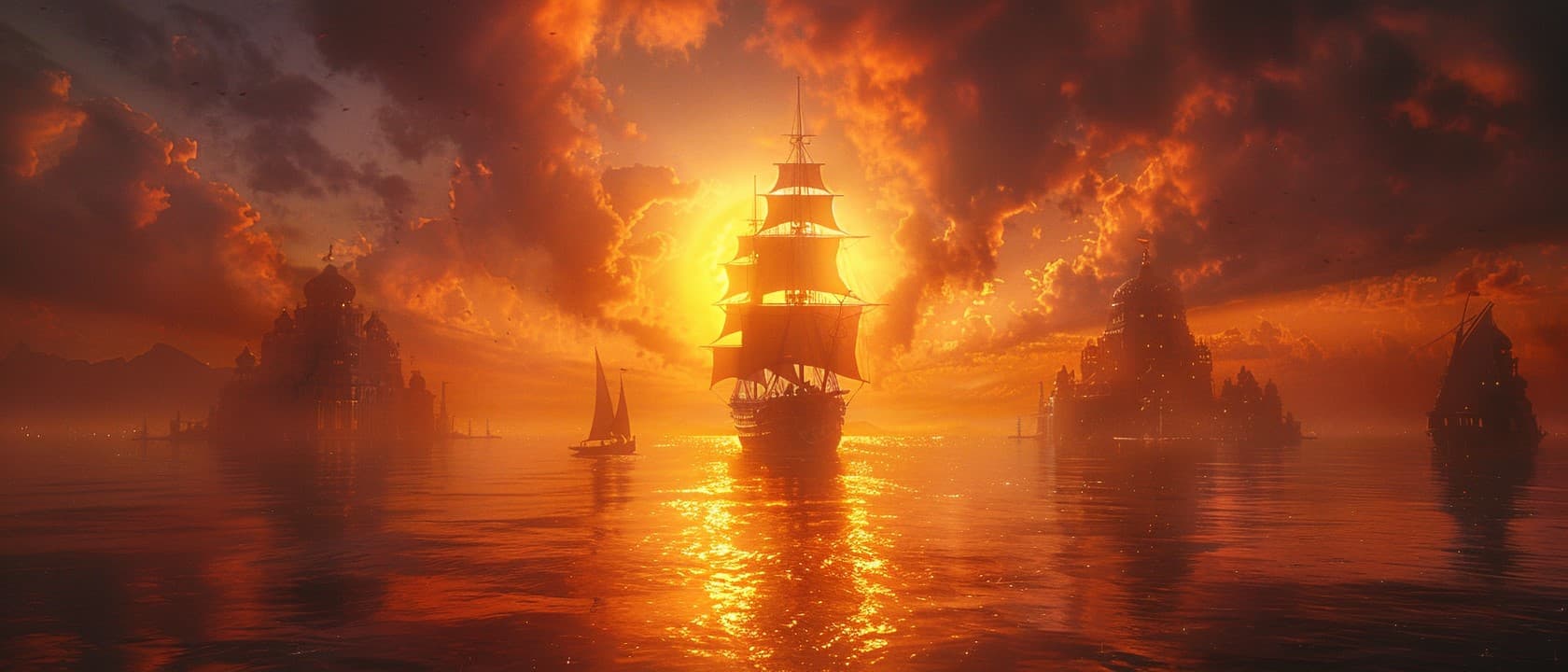 AI generated: J.M.W. Turner, A spaceship coming into dock into a sci fi city at sunset, --s 480 --ar 21:9 --v 6