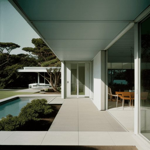 AI generated: Hyper realistic eye level exterior photo of a mid century modern style house overlooking the ocean, ...