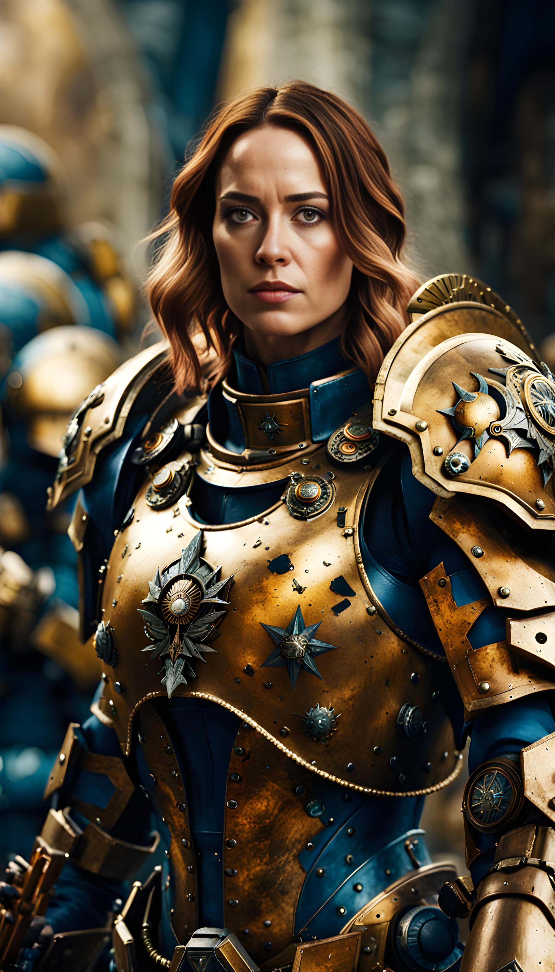 AI generated: Cinematic intricate photograph, 8k, Emily Blunt as Saint Celestine a devout sister of battle, battle...