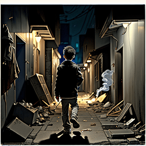AI generated: A boy walking down an alley at night with his head down and smoking a cigarette, and behind him a sc...
