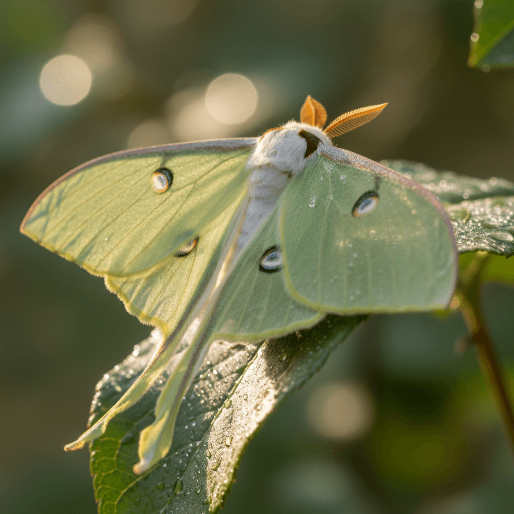 AI generated: "Macro shot of a luna moth resting — translucent green wings glowing in sunlight, shallow depth of f...