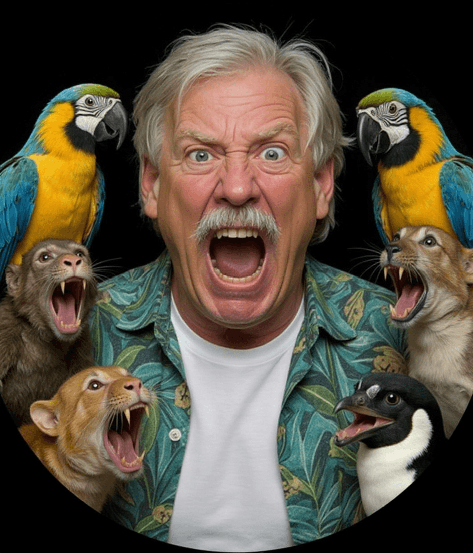 AI generated: A hyperrealistic, wide-angle close-up parody portrait of myself surrounded by chaotic animals, all c...