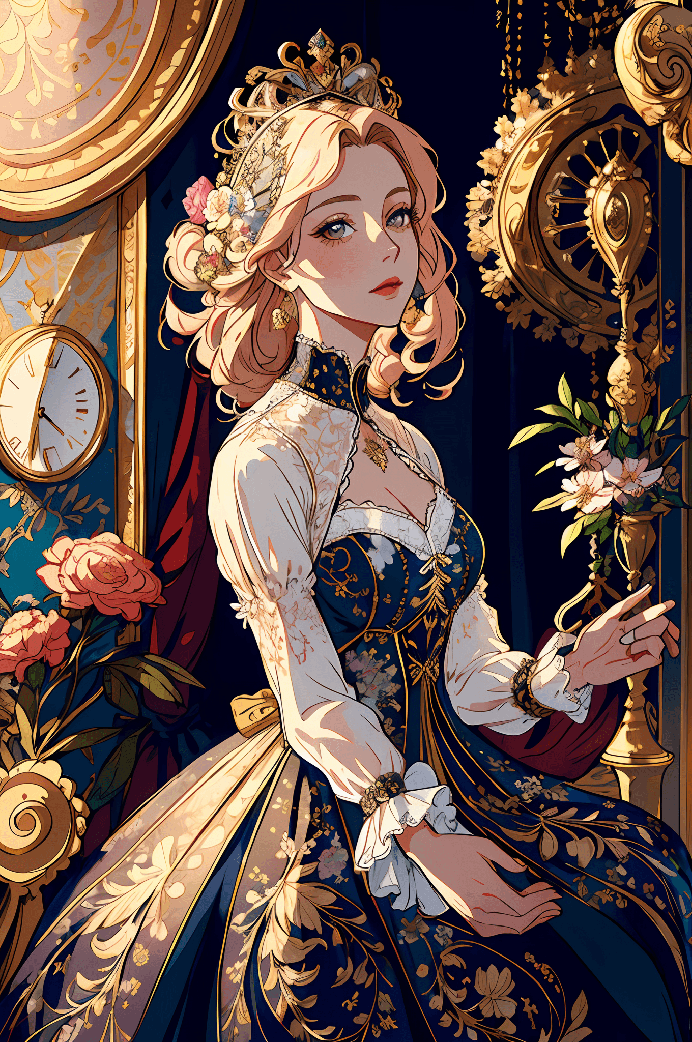 AI generated: (royal, woman, highly detailed clothes adorned with laces and floral elements, luxurious laces), rev...
