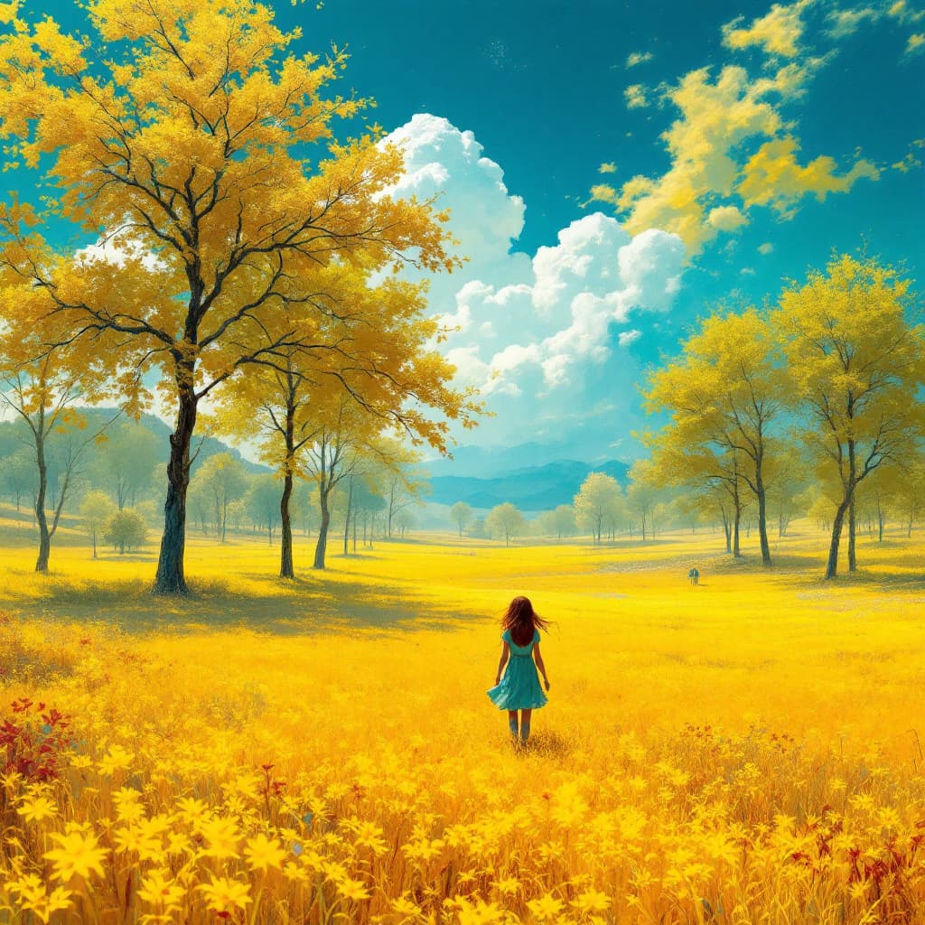 AI generated: a girl walking through a field, in the style of ethereal trees, dark yellow and azure, majestic, swe...