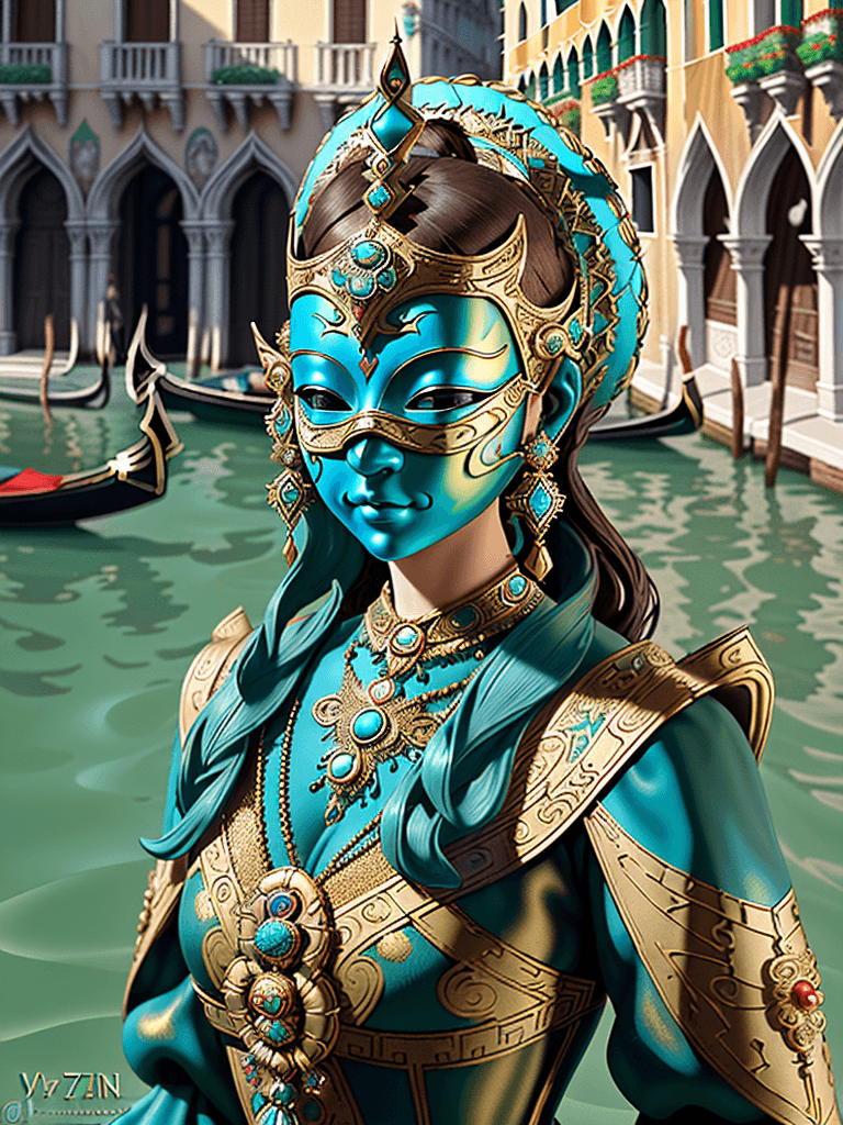 AI generated: a woman wearing an elaborate mask around her face, in the style of vray tracing, cloisonnism, turquo...