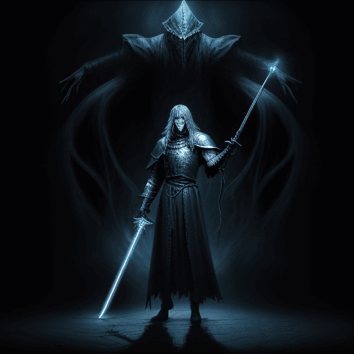 AI generated: wizard in a black room with a bright staff/sword Dark souls sorcerer woth monsters all arownd him.