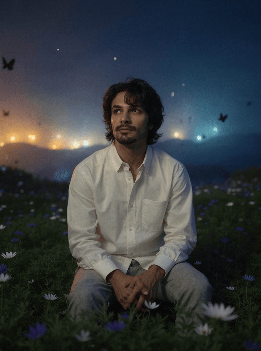 AI generated: create a cinematic photo, man is shown sitting on a hillside at night. He has short black tousled ha...