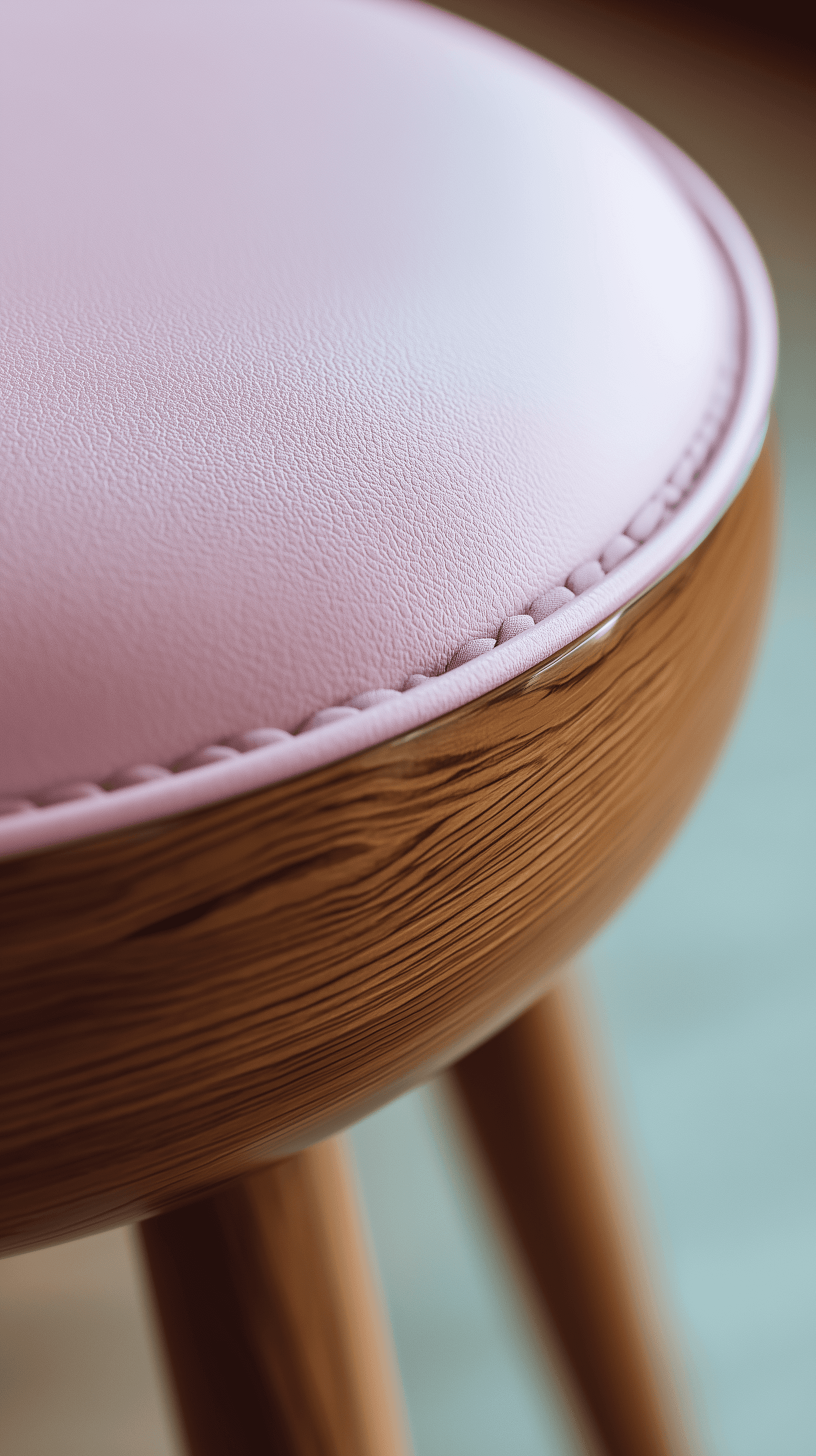AI generated: photorealistic, close-up of soft cushion stool detail, soft pastel color leather with wooden texture...