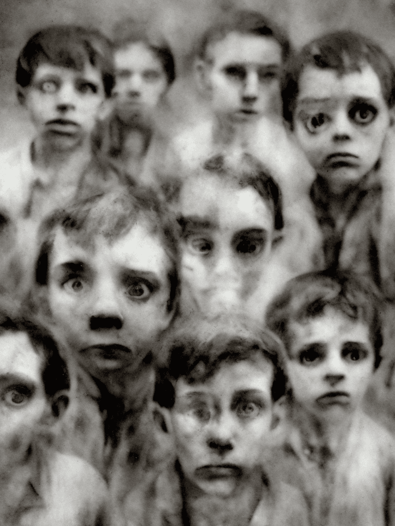 AI generated: Creepy ghostly children , A teenage Boy,. Pale faces, dark eyes, haunting stare, seemingly harmless ...