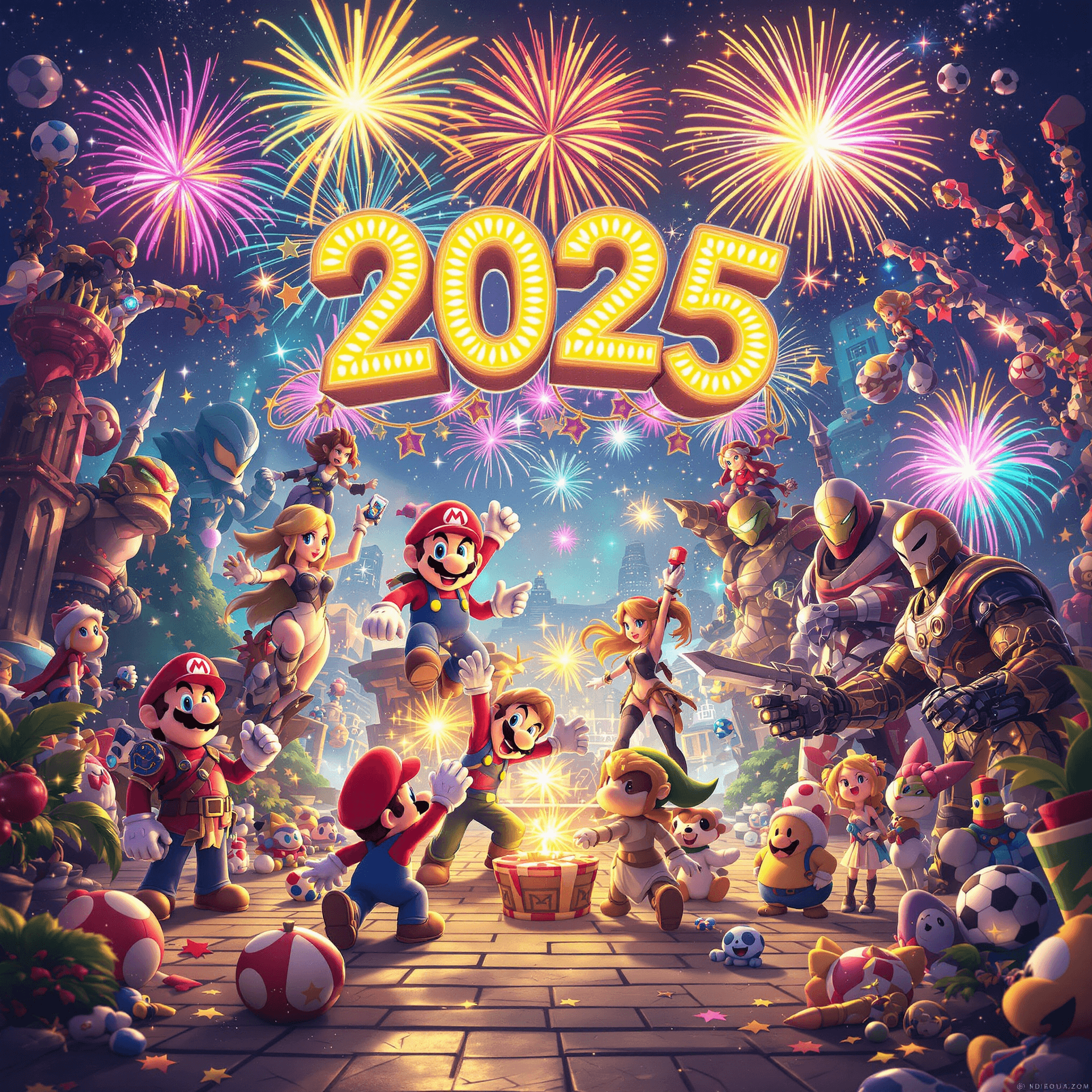 AI generated: Create vibrant and celebratory New Year 2025 artwork featuring iconic video game characters from bot...