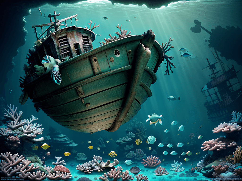 AI generated: a deeper dreamy old little boat wreck, happy baby green turtle floating and looking at us, corals, s...