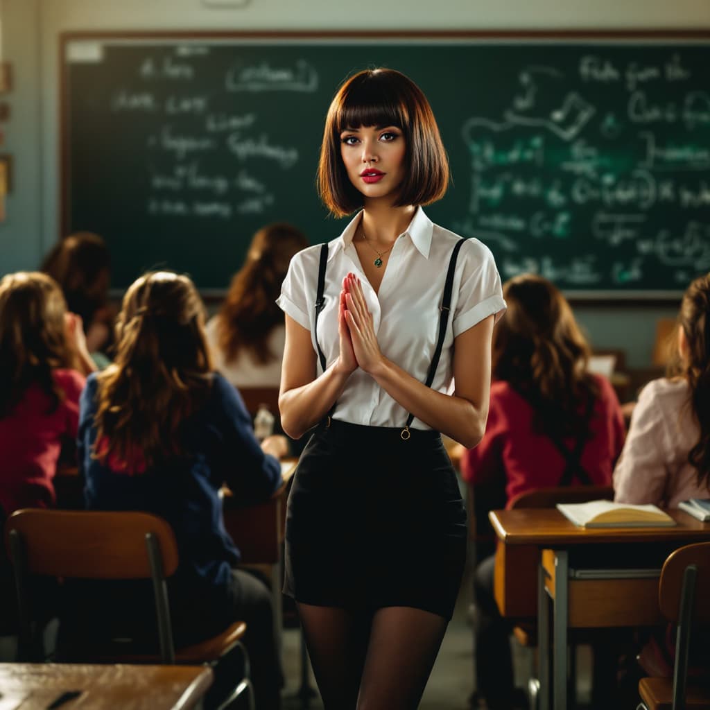 AI generated: female,Bond Hair Bob, black miniskirt, black tights,
She is a teacher, she is in the classroom, teac...