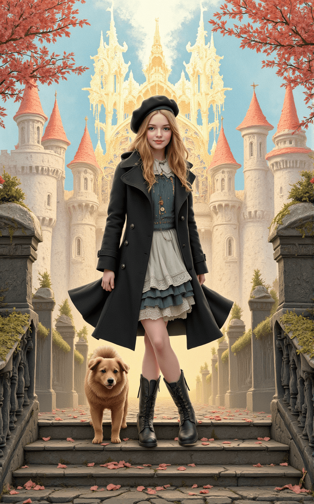 AI generated: In a beautifully detailed and finely crafted scene, a young girl stands on an ancient staircase that...