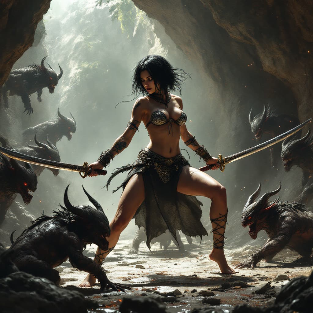 AI generated: A full body view of a barefoot Female Warrior, killing several little demons in grotto. extremely dy...
