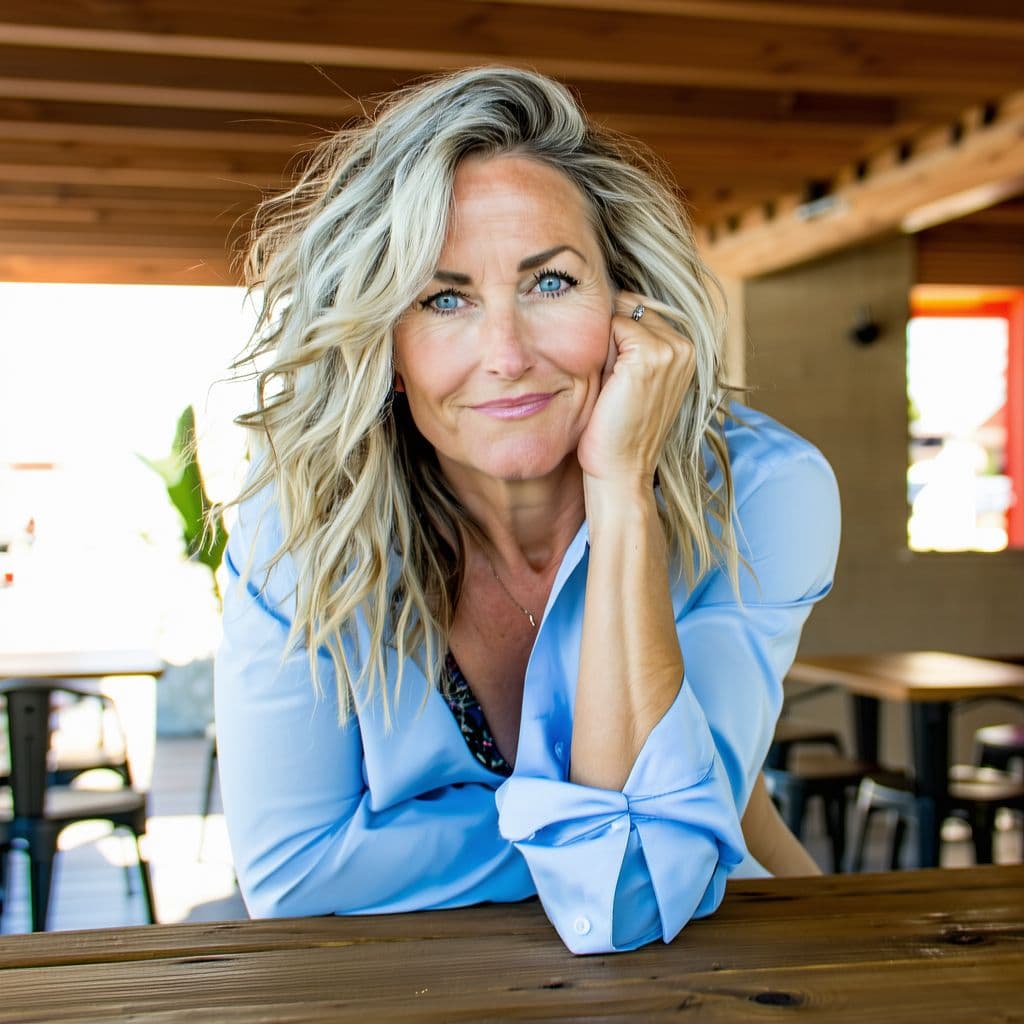 AI generated: Portrait of a blonde woman with wavy hair, wearing a light blue shirt, leaning forward on a wooden t...