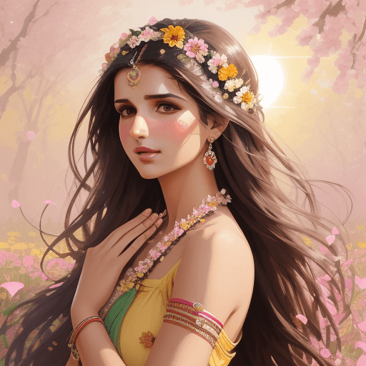 AI generated: commercial illustration of a tara sutaria dressed in flowers with flowers in her hair, in the style ...