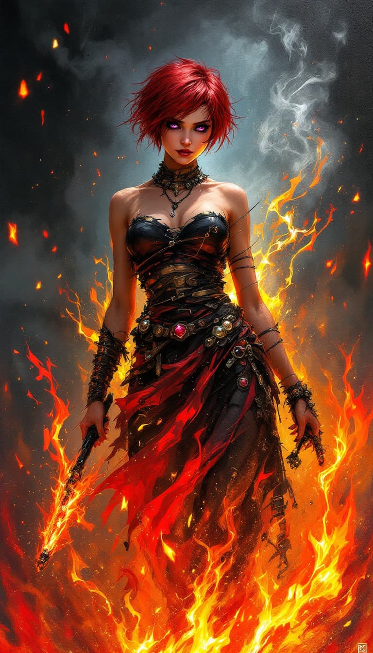 AI generated: "Scarlet Pyromancer in a Fiery Domain": A powerful abstract painting captures a pyromancer, displayi...