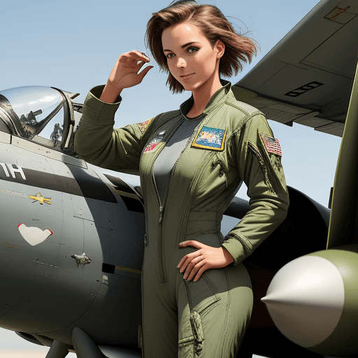 AI generated: beautiful american air force fighter pilot girl. She is wearing a loose-fitting, green, one-piece fl...