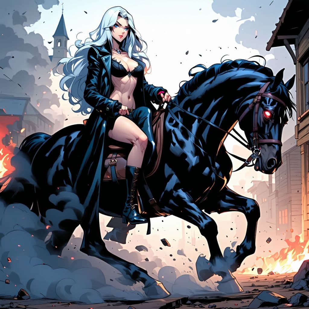 AI generated: comic book drawing, realistic, A beautiful 20 year old woman, long wavy white hair, Gray-blue almost...