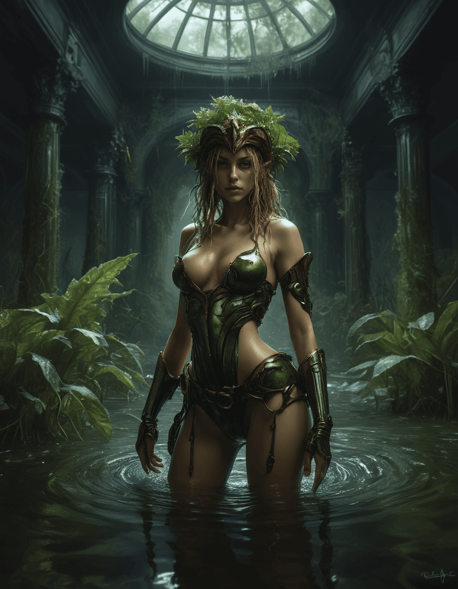 AI generated: Sexy and provocative woman, a space warrior in an empty dark flooded ballroom overgrown with vegetat...