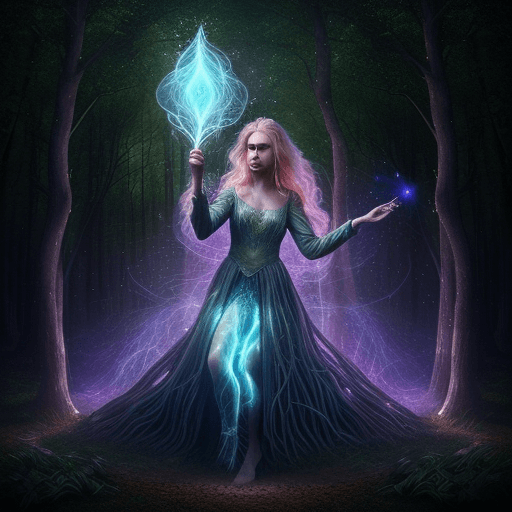 AI generated: A mystical forest witch casting magical glowing spells, dynamic fantasy digital illustration with sp...