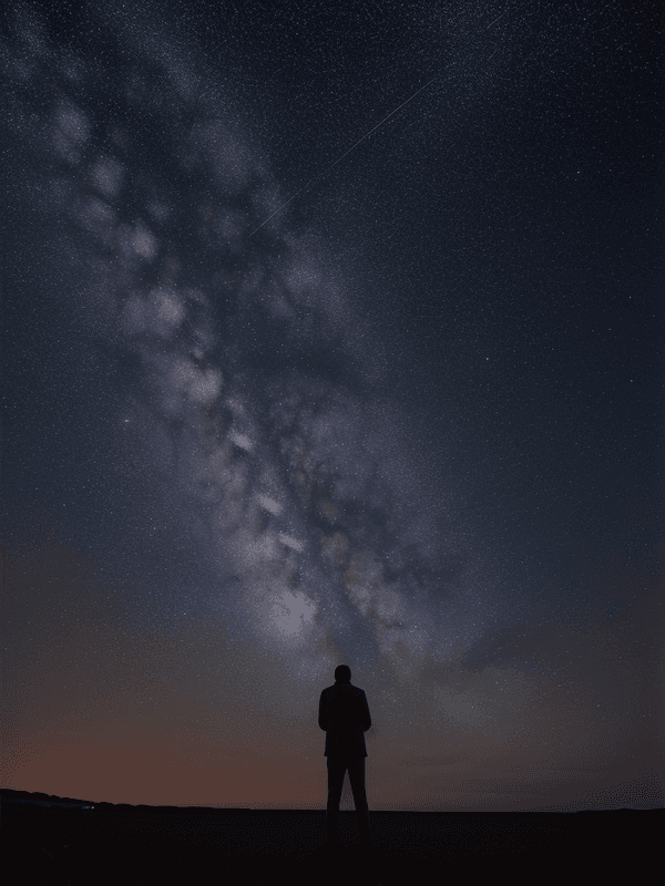 AI generated: 1man. With his back to the viewer. Remote camera. Night. The starry sky. A man stands in a field and...