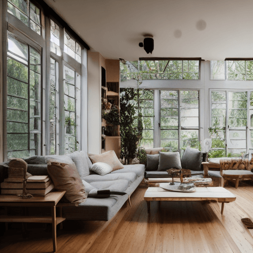 AI generated: High resolution photography interior design, dreamy sunken living room conversation pit, wooden floo...