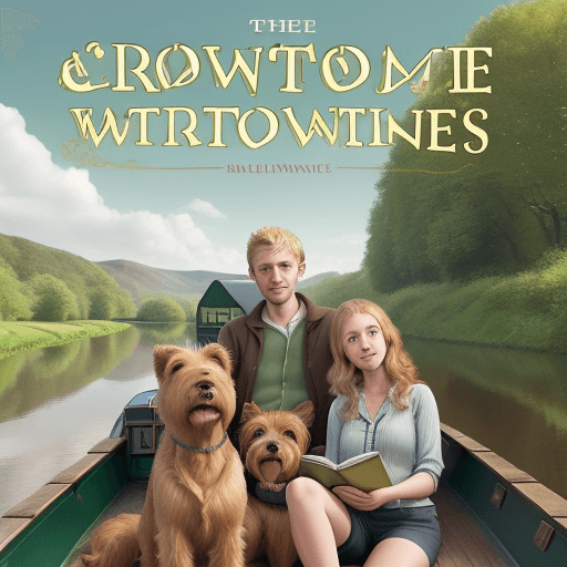 AI generated: A book cover that has a large green narrowboat with one lady in shorts and blonde hair and one man w...