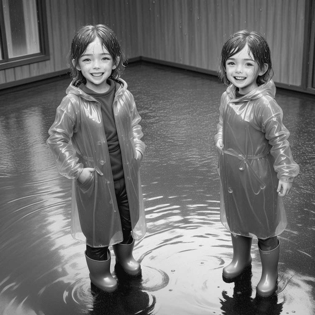 AI generated: ((Ultra-realistic)), Young sisters portrait, 7 years old, tousled chestnut hair, rain droplets on ha...