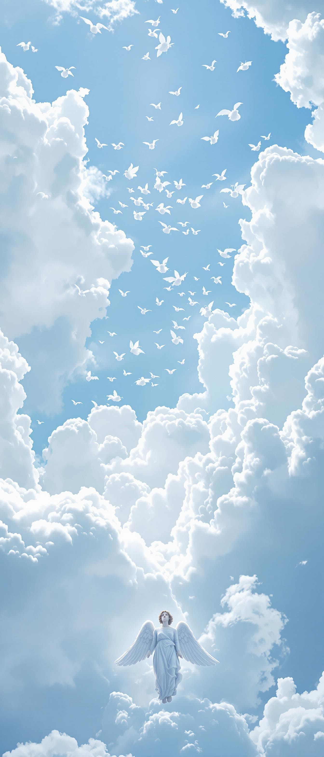 AI generated: heaven, brilliant white clouds against a light blue sky with tiny angels flying around in the distan...