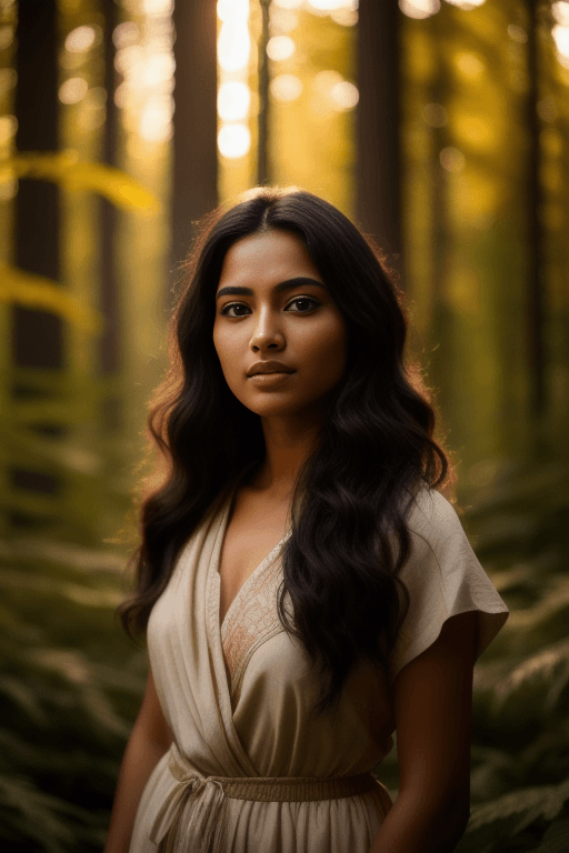 AI generated: long shot scenic professional photograph of A indian lady in her twenties gazes intently at the came...