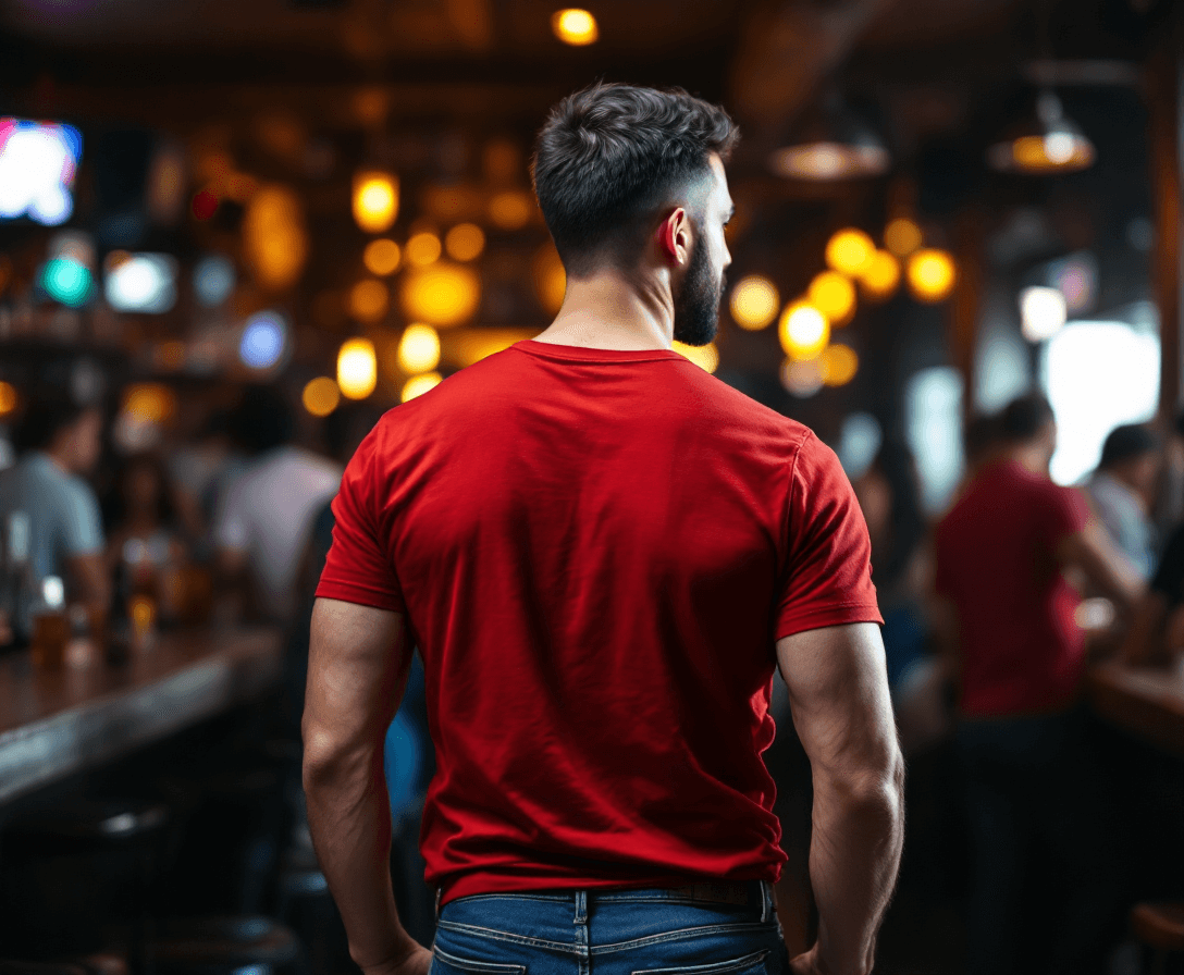 AI generated: From behind, Ultra realistic photo of a man, upper body, short burst-taper dark hair, trimmed beard,...