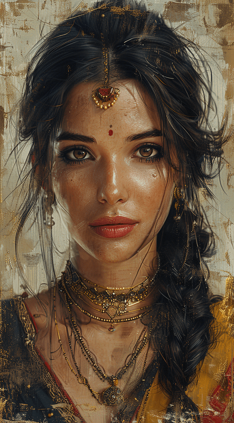 AI generated: a painting of a woman, in the style of multiple filter effect, dark beige and light amber, high dyna...