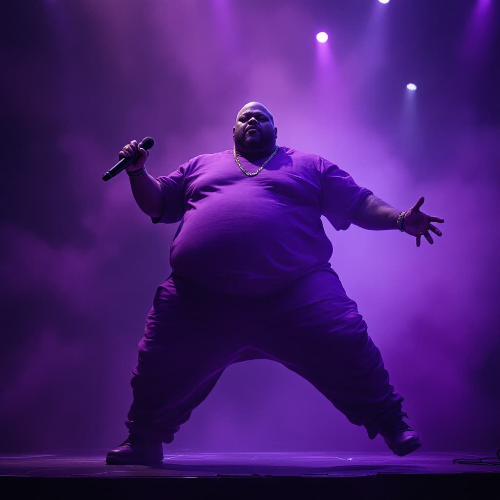 AI generated: dave blunts a big very very fat bald black rapper turning purple whilst floating on a stage of a con...