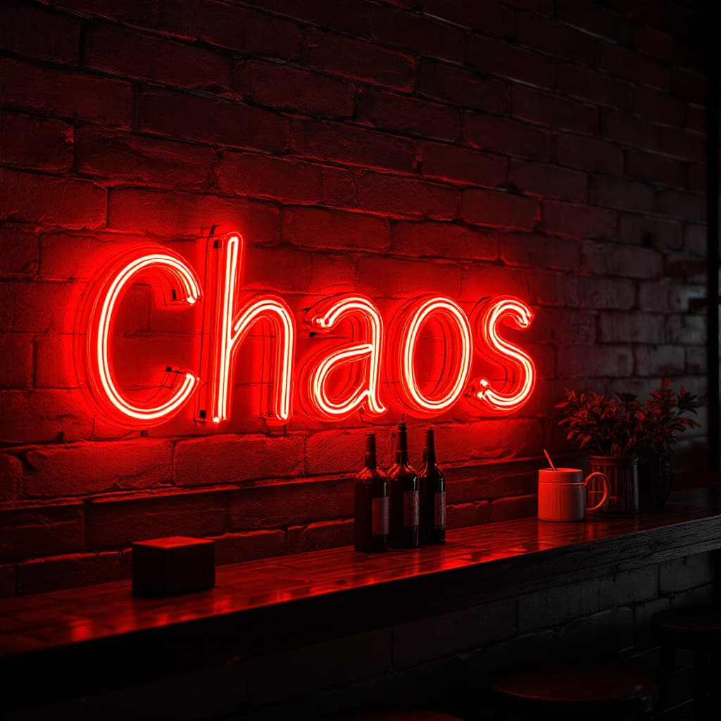 AI generated: hyper realistic red led tube writing desktop sign on top of a industrial look bar  with brick tiles ...