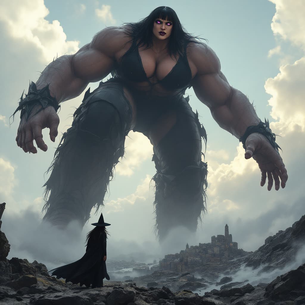 AI generated: enormous giantess female Rhea Ripley from WWE with black medium length hair and straight bangs, bigg...