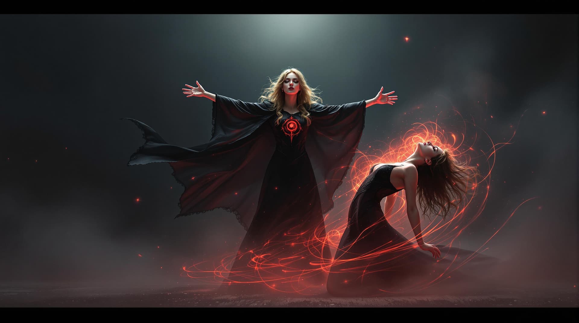 AI generated: The image depicts a dramatic scene of two women, one in a dark, gothic-inspired dress with a flowing...