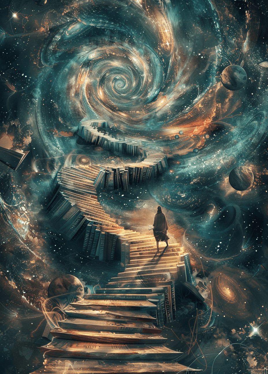 AI generated: A dreamy illustration of an infinite staircase leading to the universe, with books and characters on...