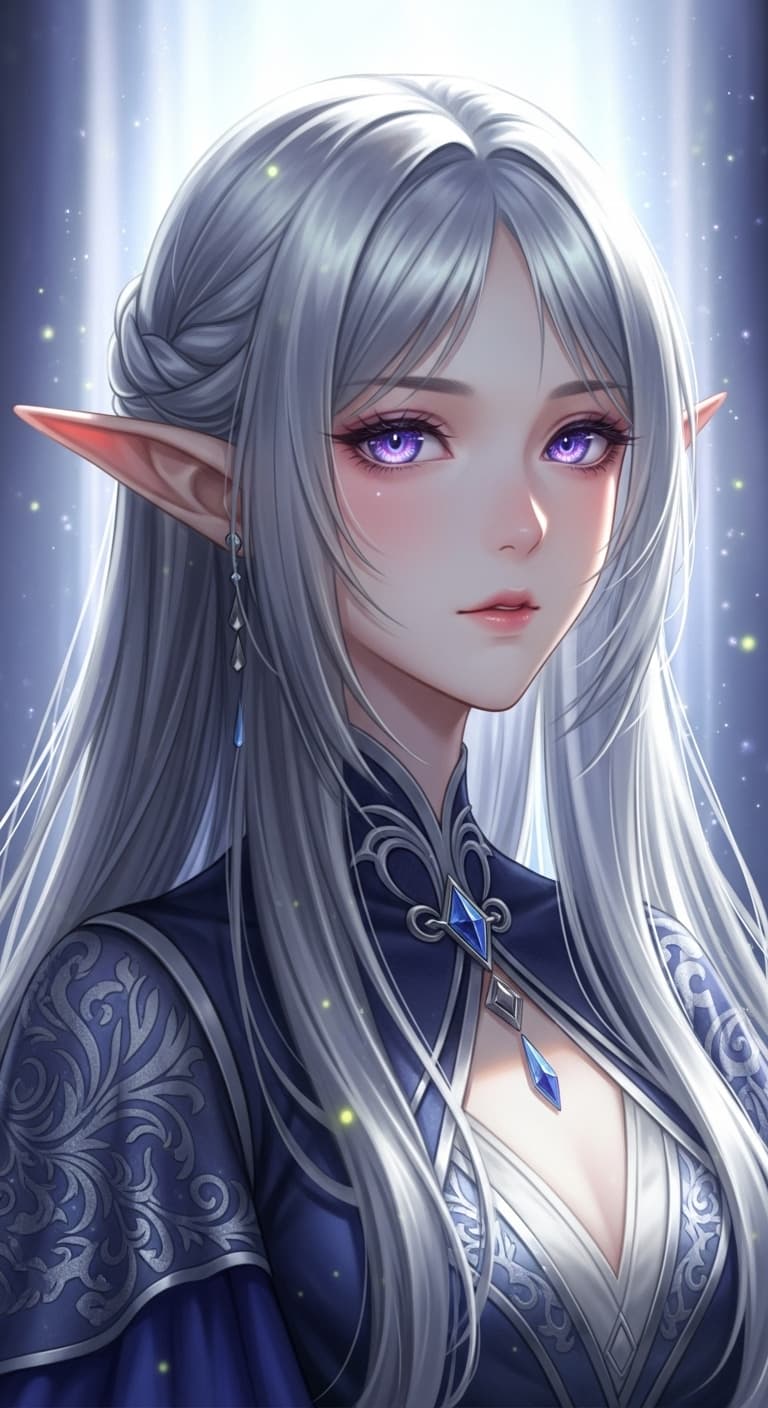 AI generated: semi-realistic anime elf girl, long silver hair, luminous eyes, delicate pointed ears, soft magical ...