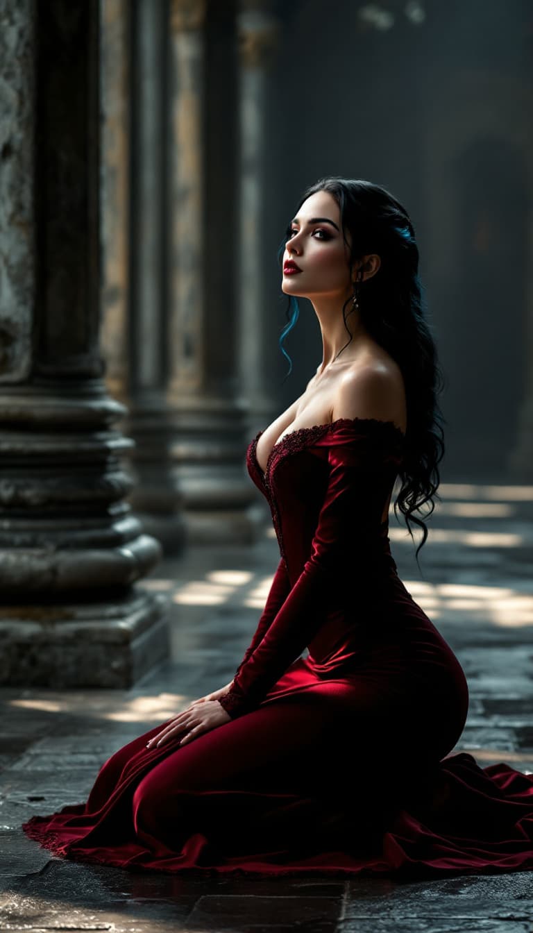 AI generated: A cinematic scene of Alina Dreymore, a noblewoman in her early thirties, positioned gracefully on he...