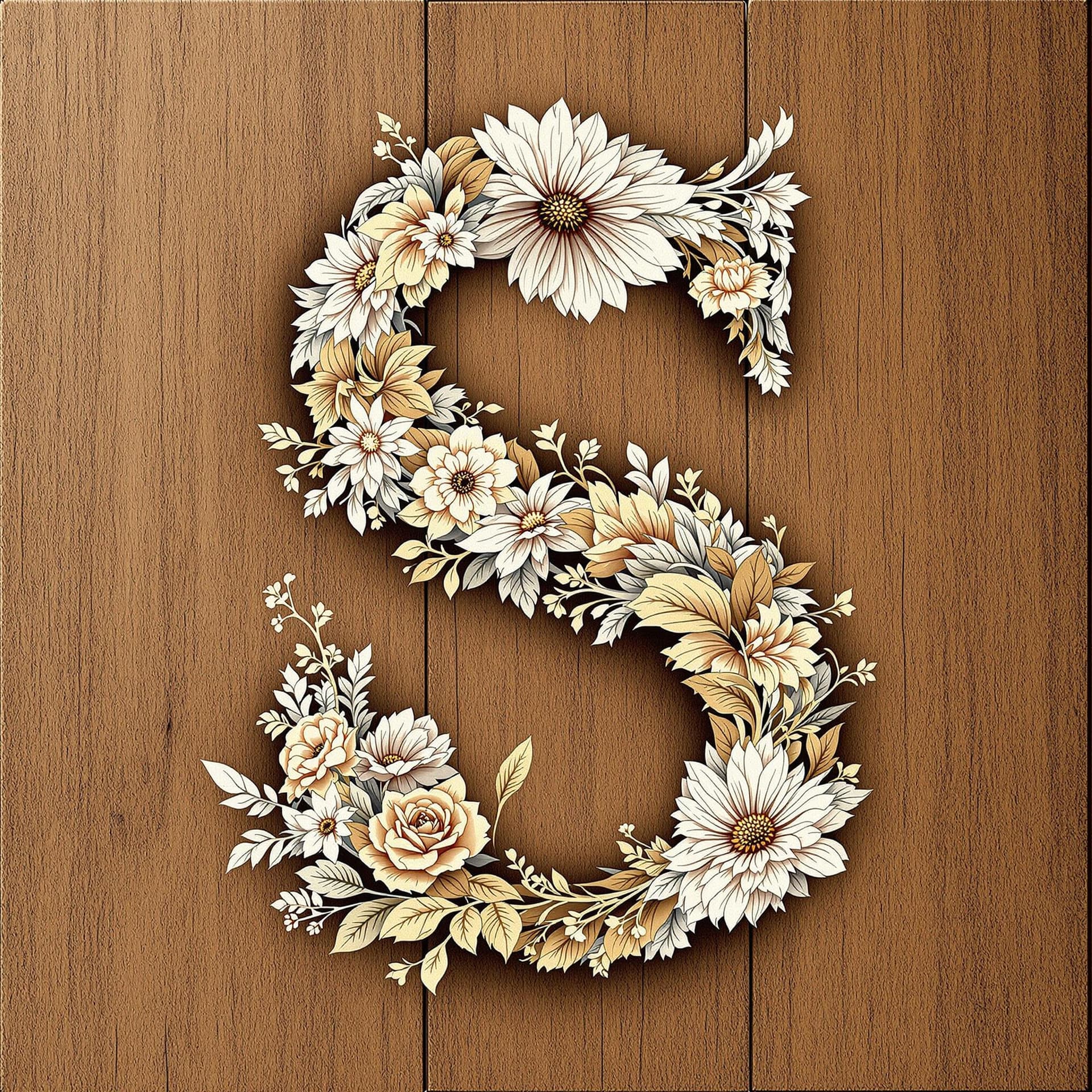 AI generated: Floral Monogram 'S' Design with Wooden Texture Art