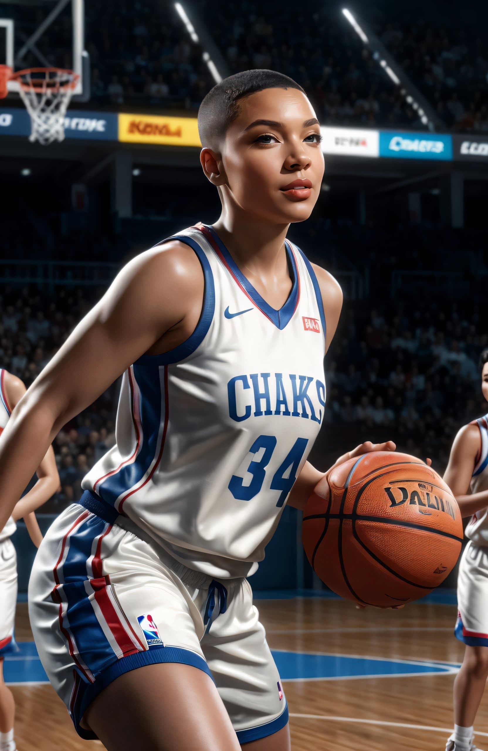 AI generated: action packed, Headshot, smiling pose, fast motion, (female basketball player wearing full body:1.2)...