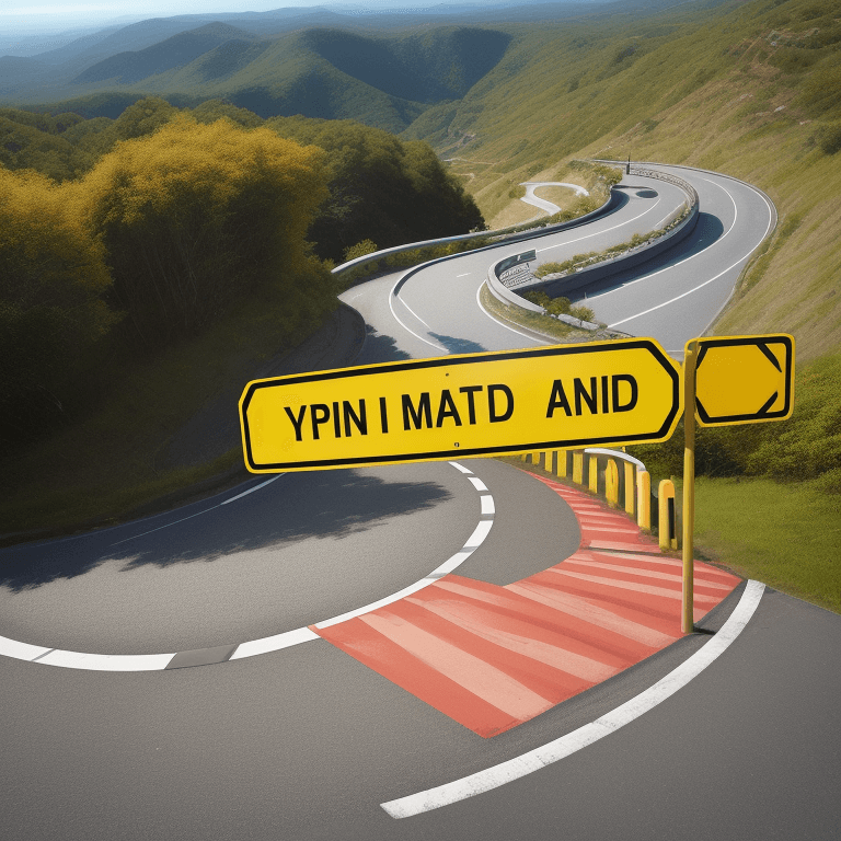 AI generated: panoramic view of a yellow traffic sign showing a winding road ahead.