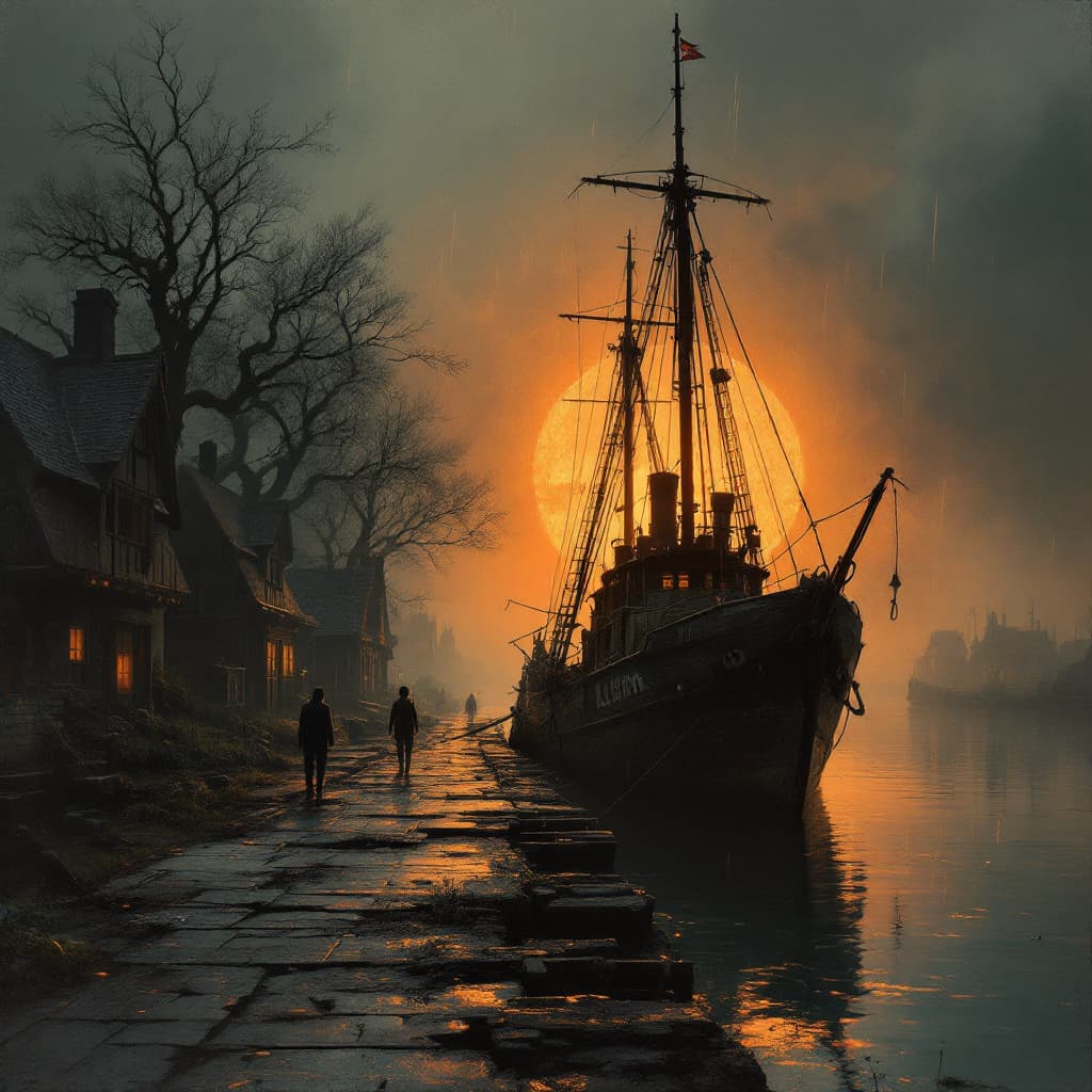 AI generated: Digital ink and oil painting style blend Aert van der Neer and Lesser Ury and John Atkinson Grimshaw...